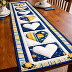 White Hearts on Blue Patchwork Table Runner