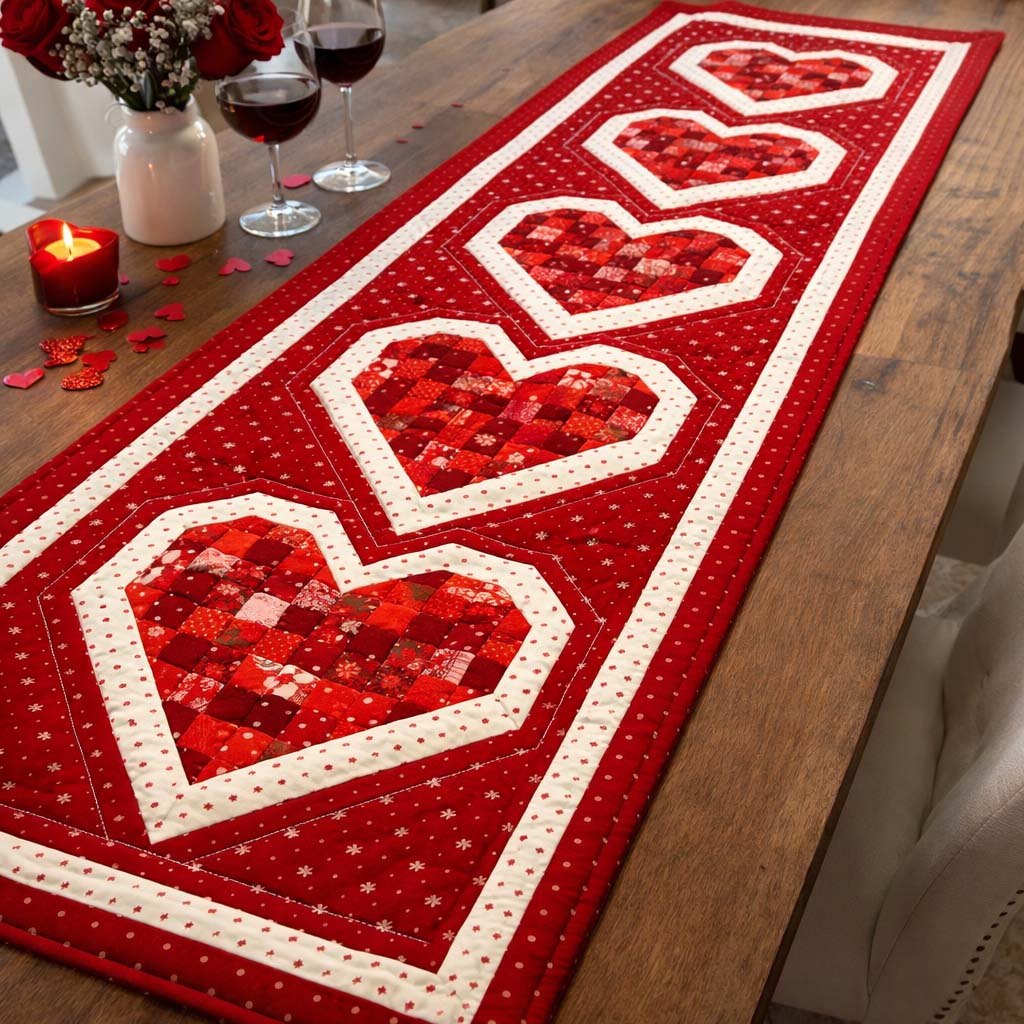 Scarlet Hearts on Red Panel Table Runner