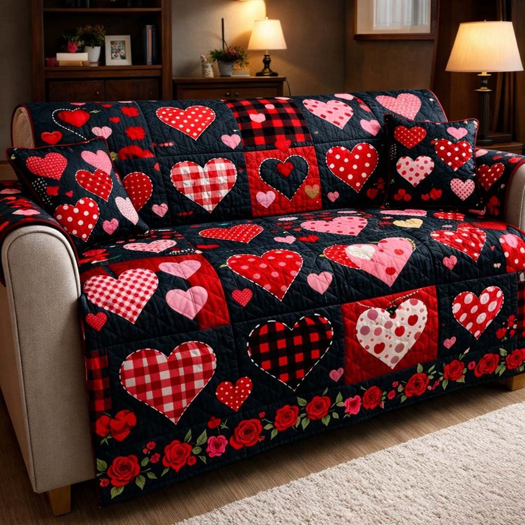 Red Hearts on Black Gingham Sofa Cover