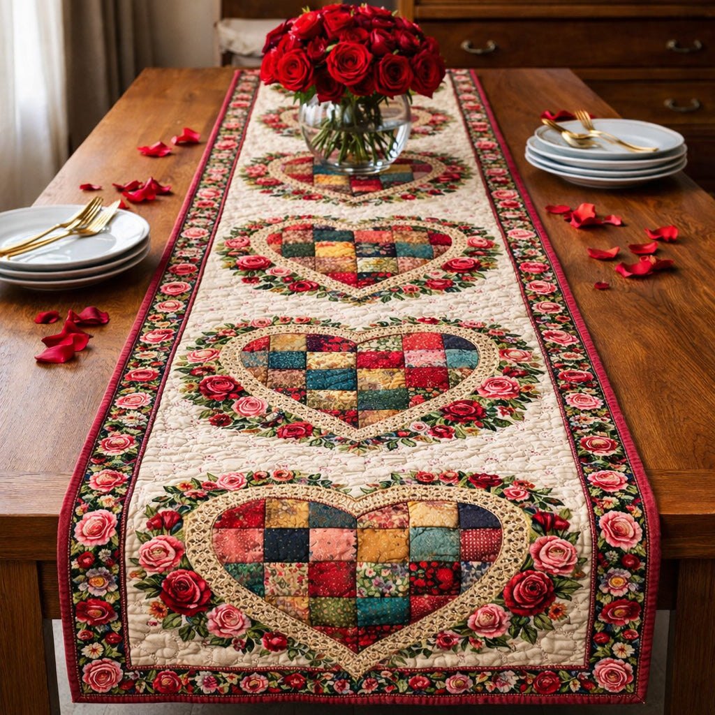 Patchwork Rose Hearts Table Runner