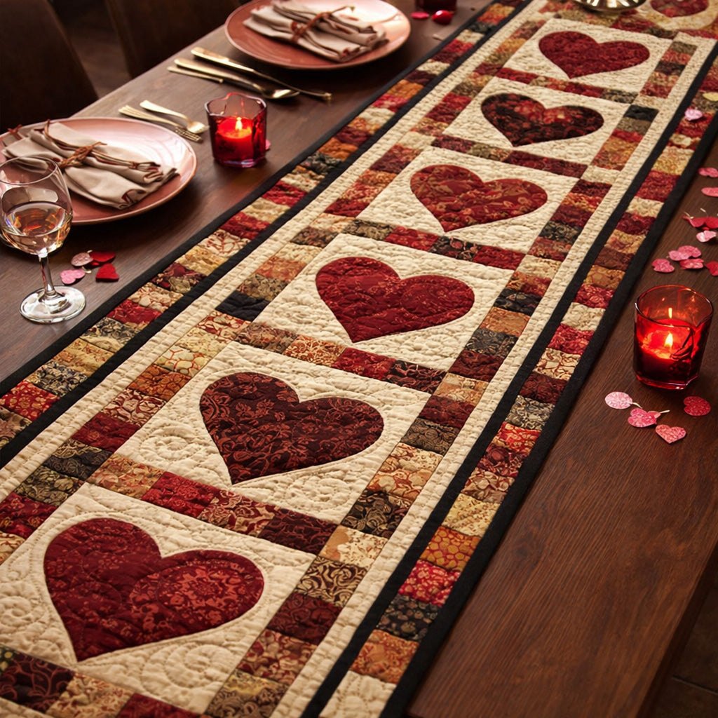 Red Hearts on Cream Patchwork Table Runner