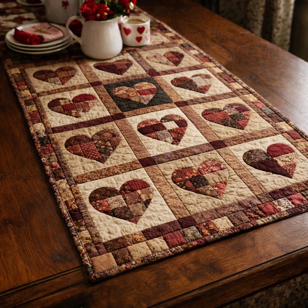 Hearts in Brown Quilt Blocks Table Runner