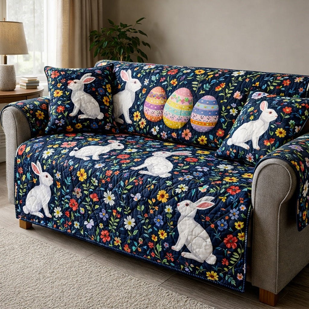 White Rabbits and Easter Eggs on Navy Sofa Cover