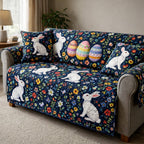 White Rabbits and Easter Eggs on Navy Sofa Cover