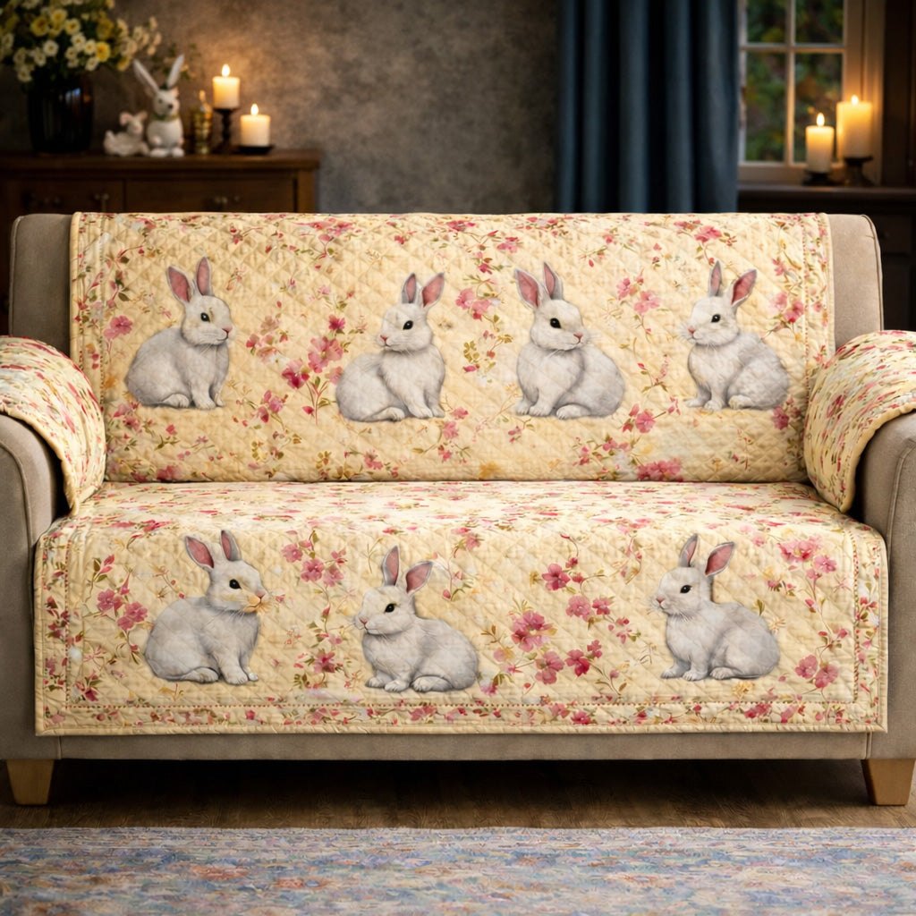 Grey Rabbits on Cream Floral Sofa Cover