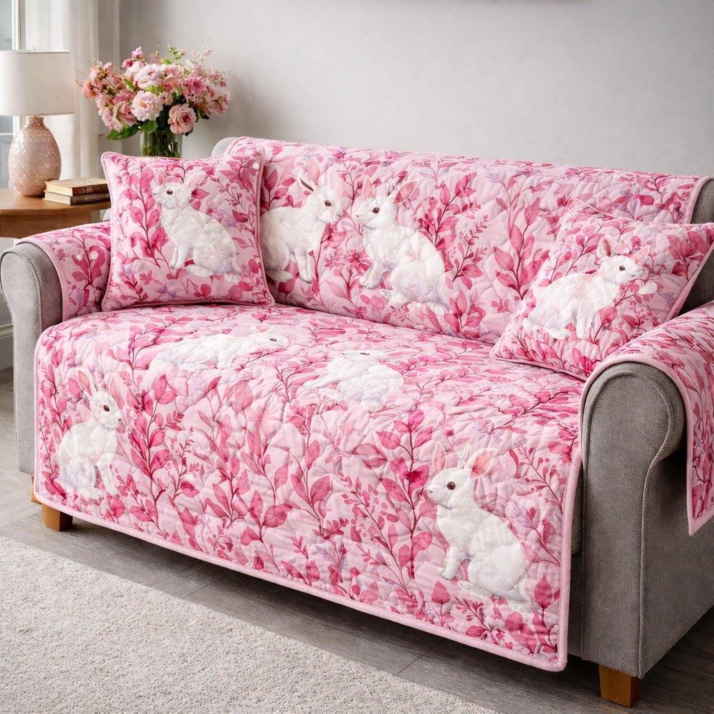 White Rabbit in Pink Blossoms Sofa Cover