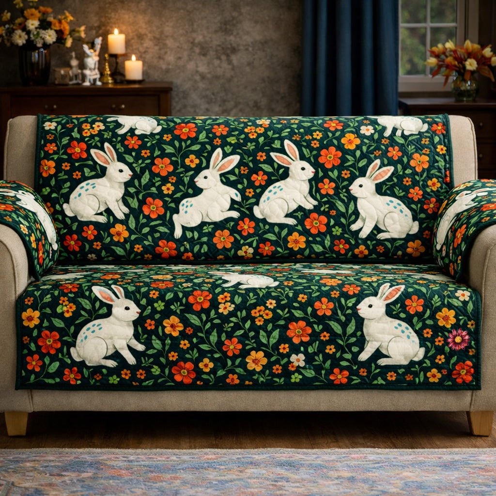 White Rabbits on Dark Green Floral Sofa Cover