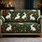 White Rabbits on Dark Green Floral Sofa Cover