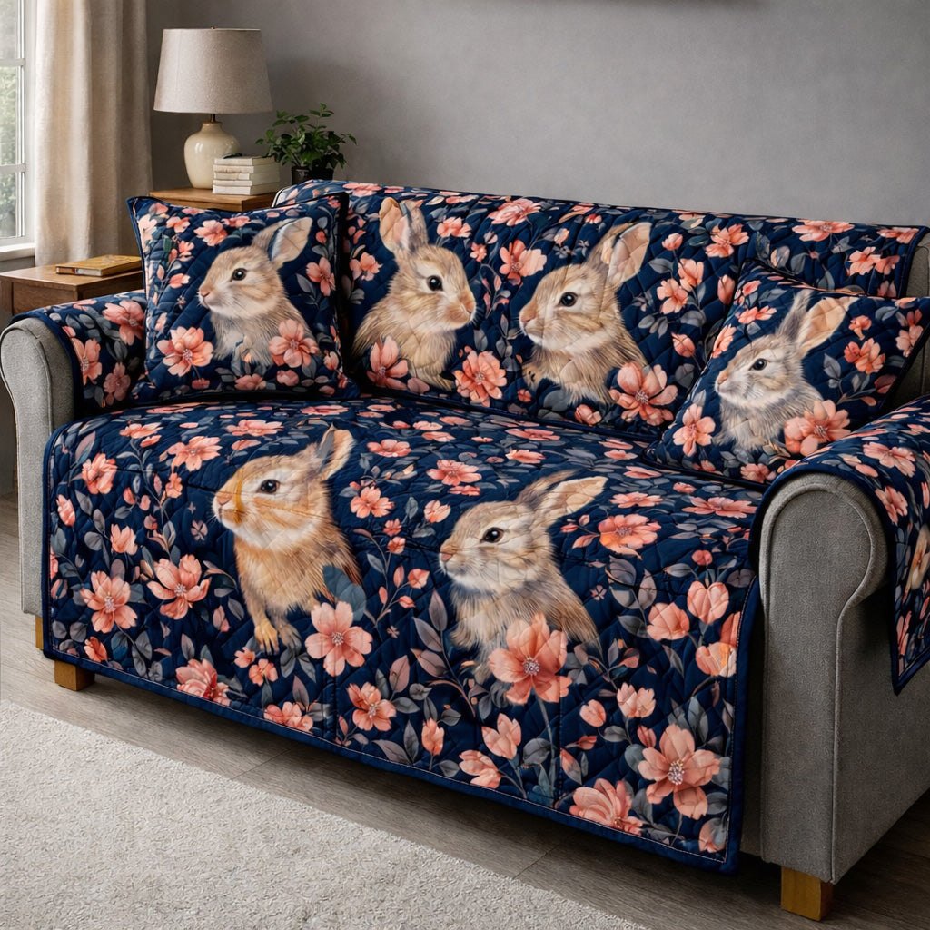 Brown Bunnies on Navy Blossoms Sofa Cover