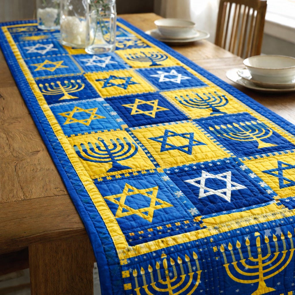 Blue and Yellow Menorah Patchwork Table Runner