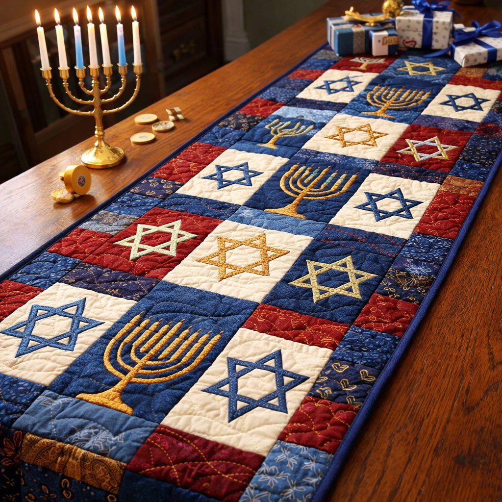 Menorah and Star Patchwork Squares Table Runner
