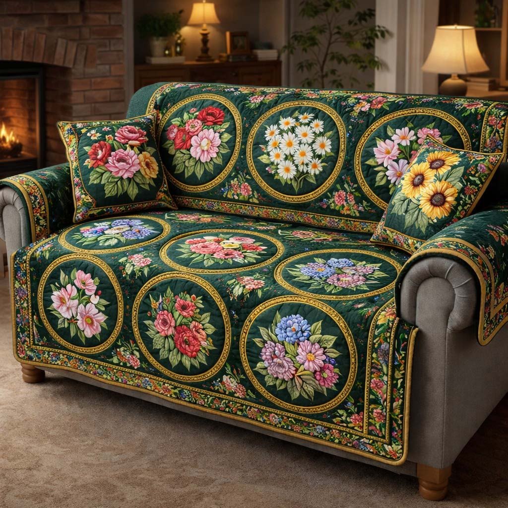 Emerald Rose Patchwork Sofa Cover