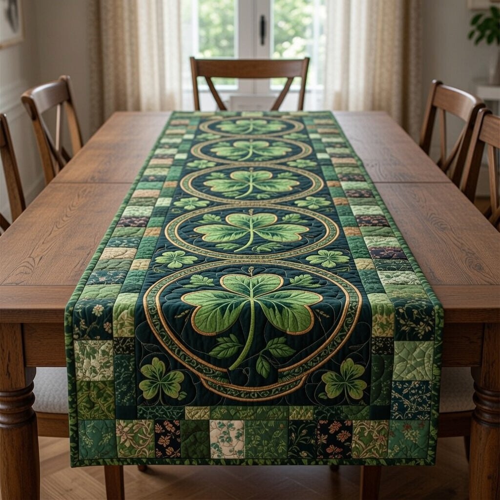 Shamrocks in Ovals on Green Table Runner