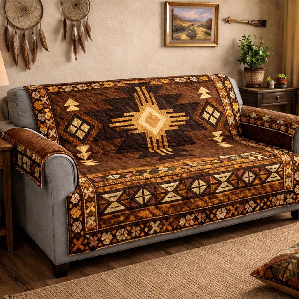 Southwestern Sun Symbol in Brown Sofa Cover