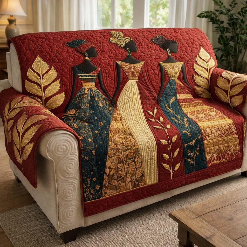African Cloth Panels in Red and Teal Sofa Cover