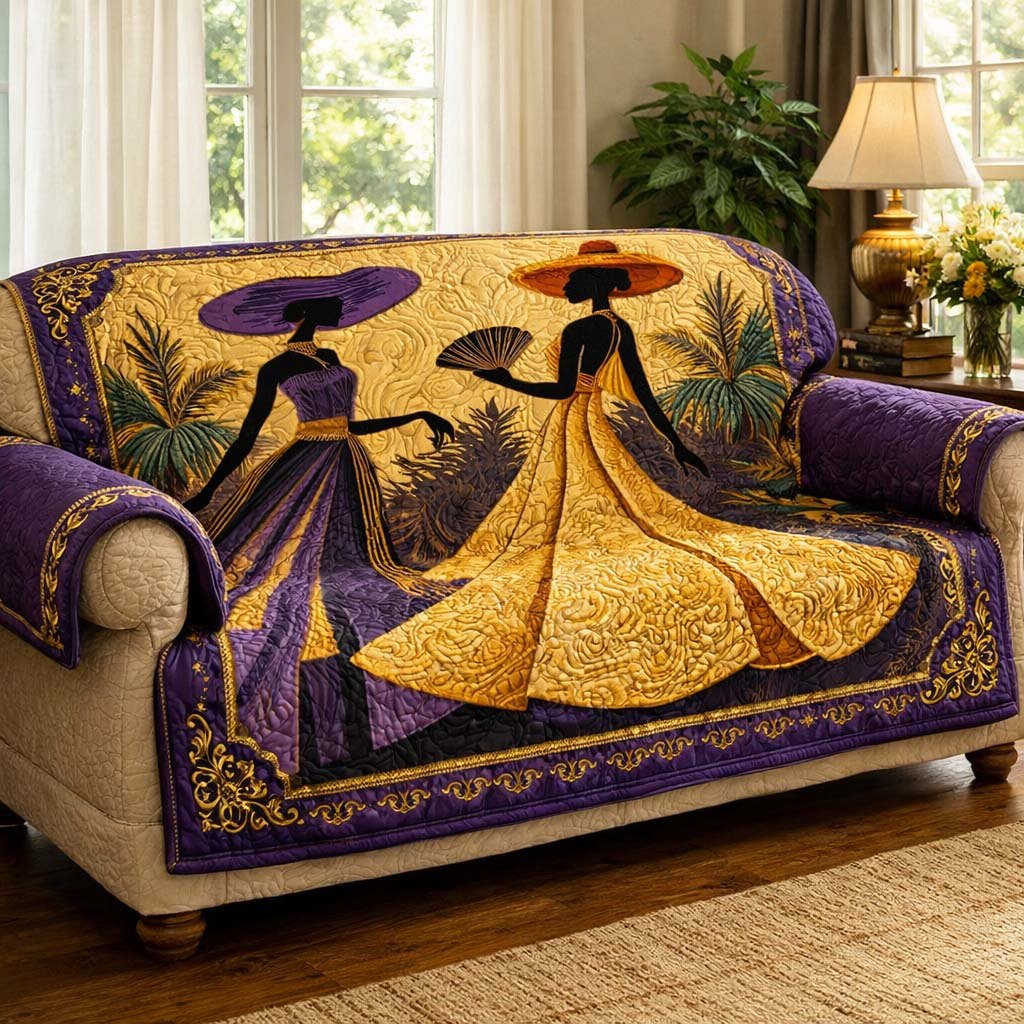 Women in Golden Dresses on Purple Sofa Cover