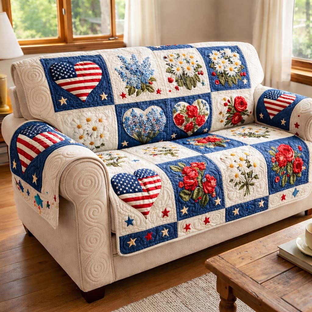 Patriotic Blocks with Roses and Hearts Sofa Cover