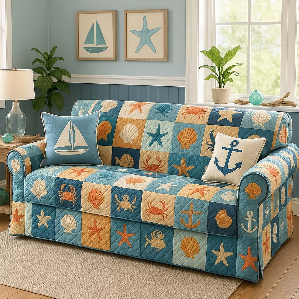 Crab and Starfish Blocks in Bright Blue Sofa Cover