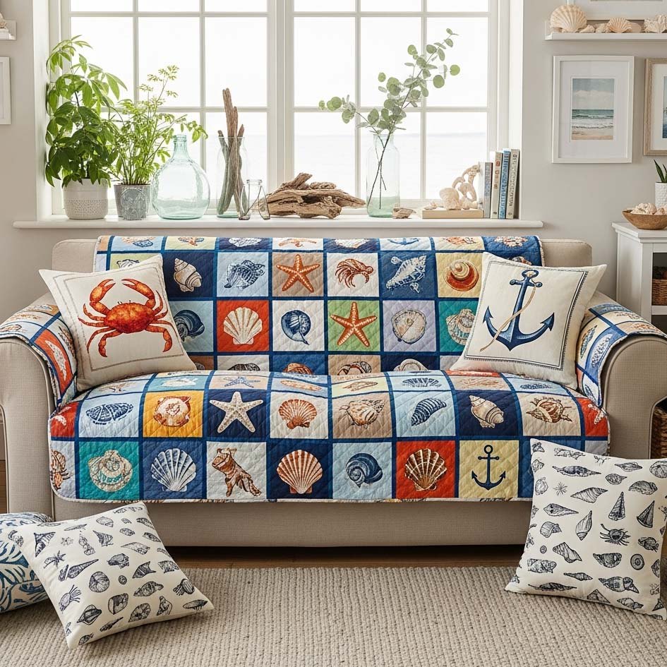 Coastal Blocks with Crab and Anchor Sofa Cover