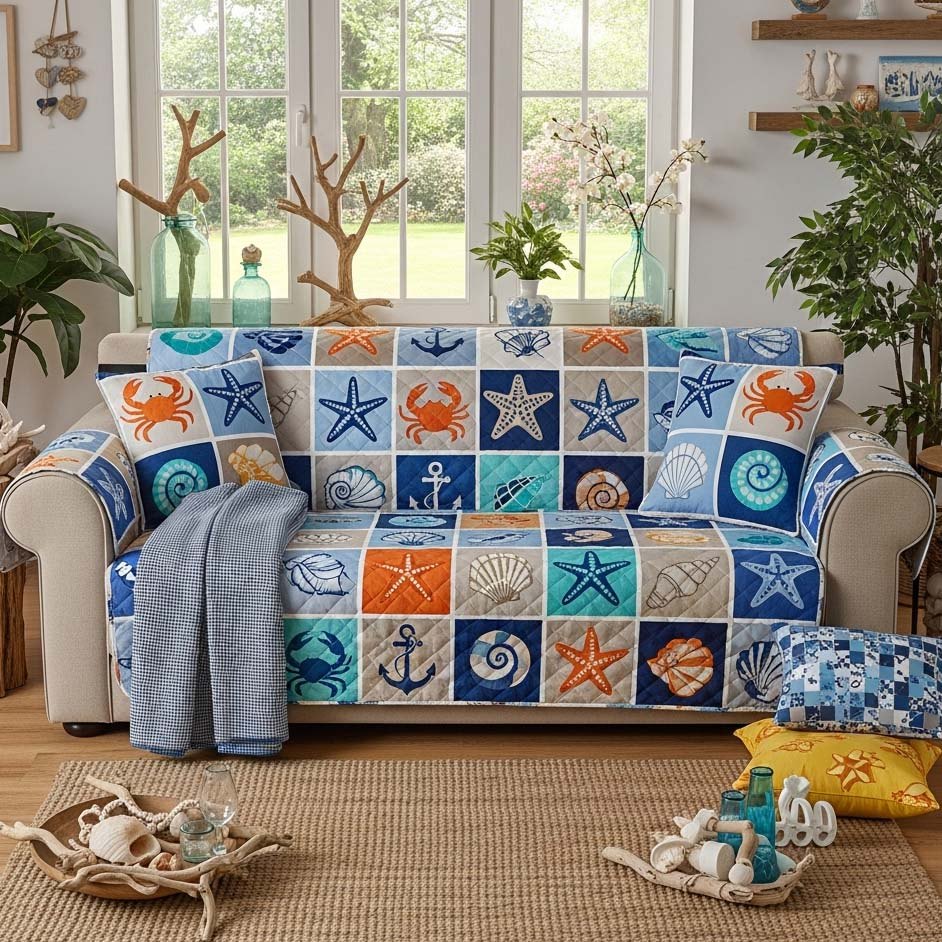 Crabs and Anchors in Blue Blocks Sofa Cover
