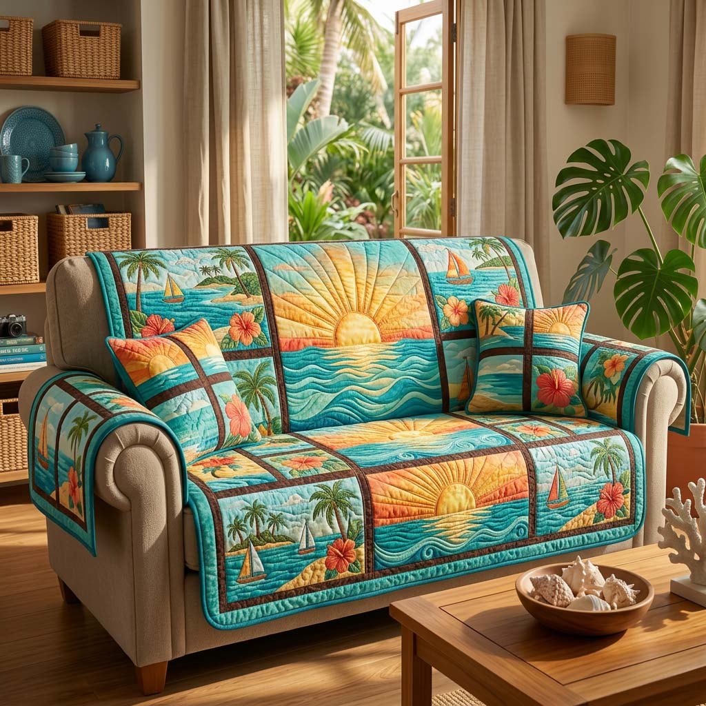 Tropical Sunset in Palm Blocks Sofa Cover
