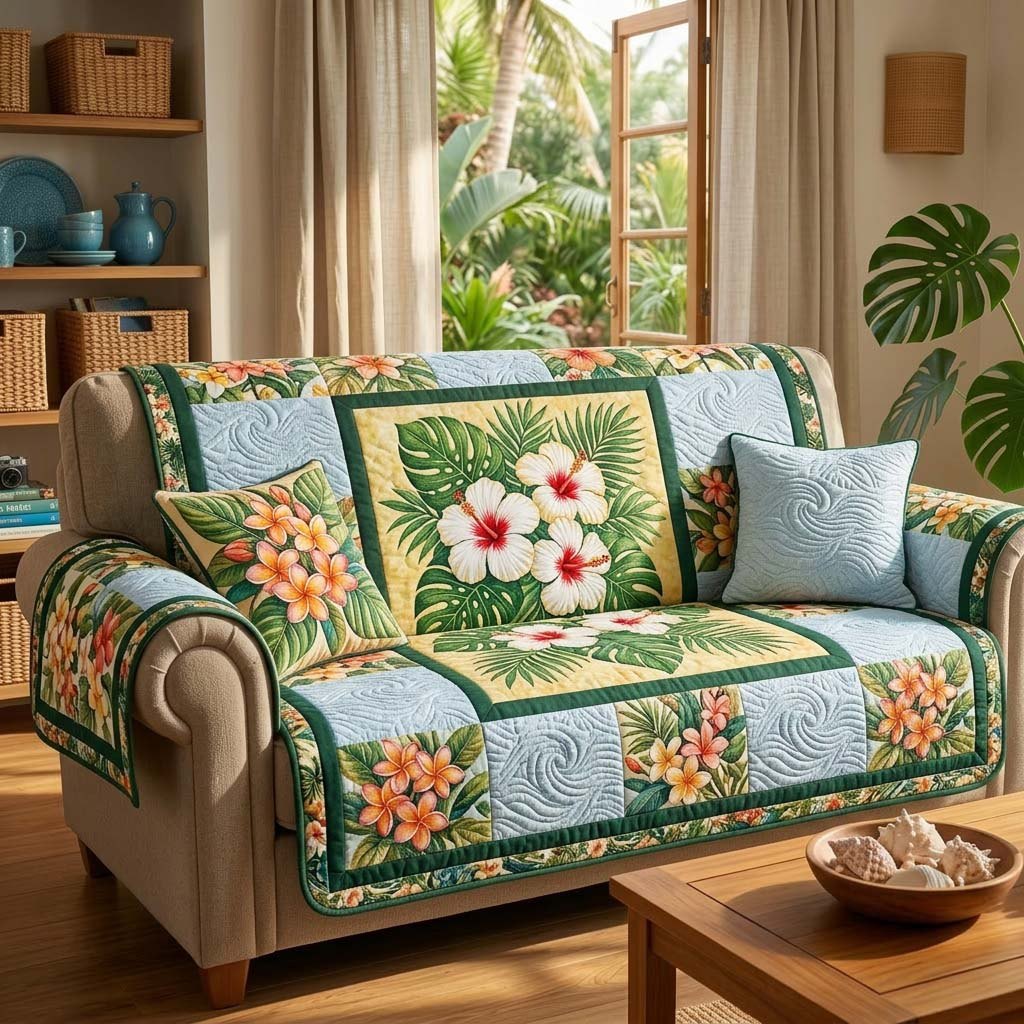 Hibiscus and Palm Leaf Blocks Sofa Cover