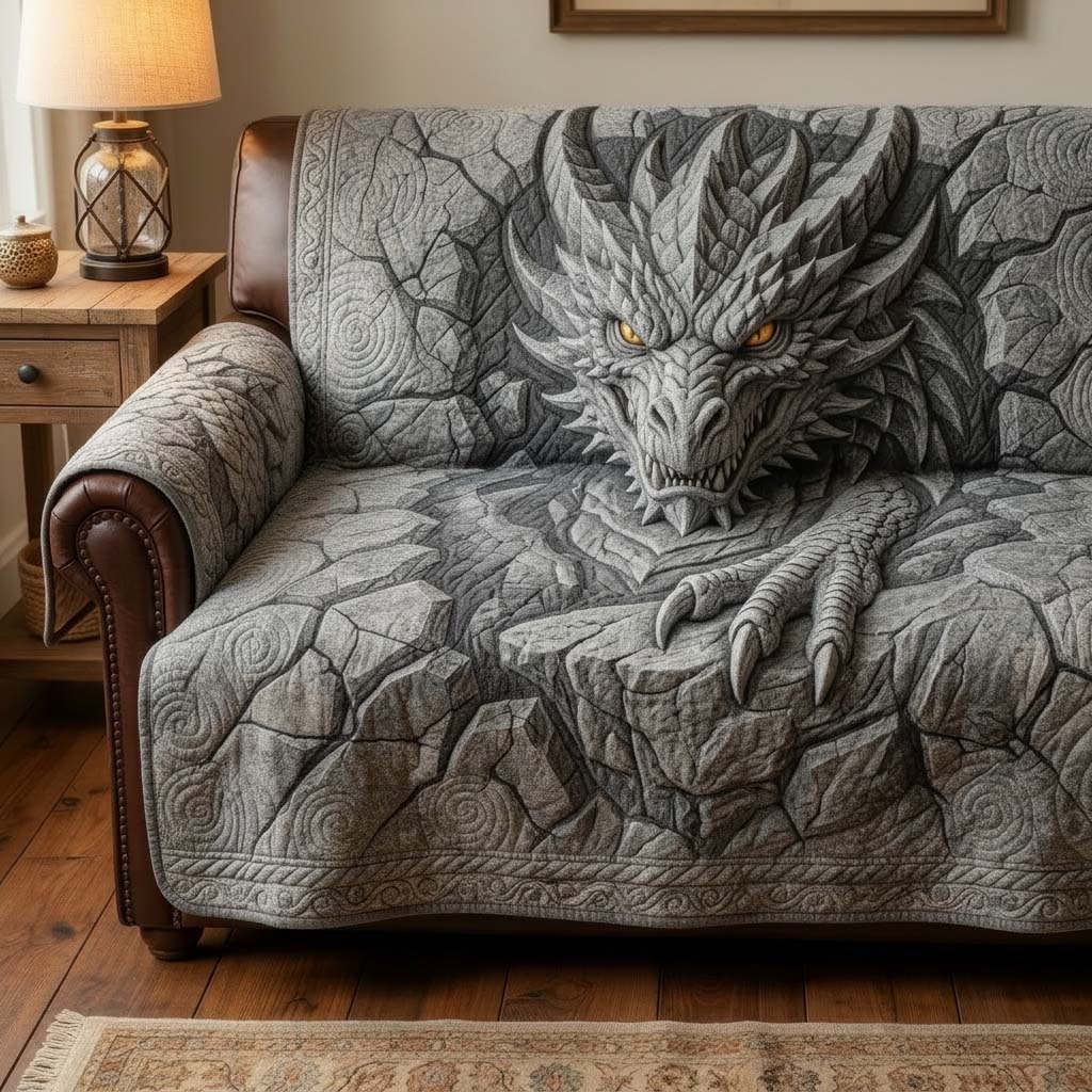 White Dragon on Quilted Ivory Sofa Cover