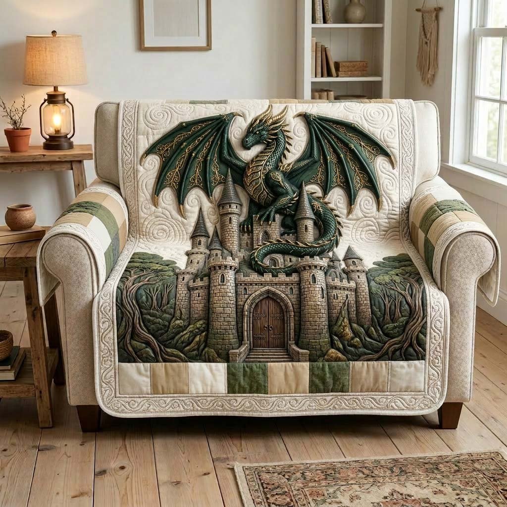 Green Dragon Over the Stone Castle Sofa Cover