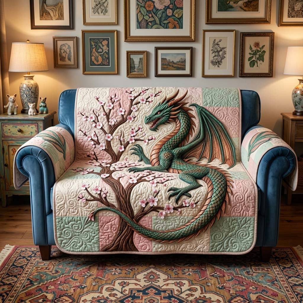 Teal Dragon and the Blossom Tree Sofa Cover