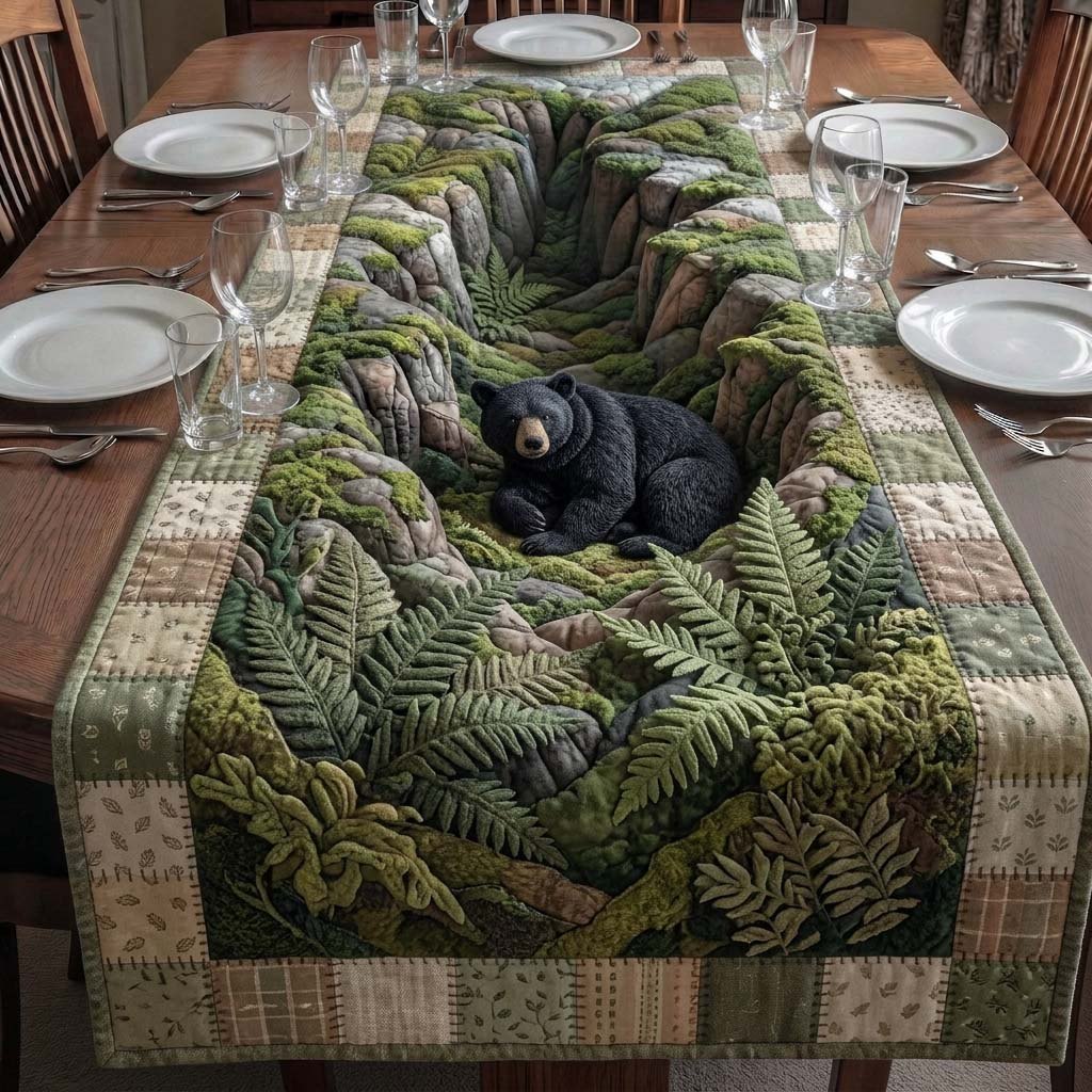 Black Bear Among Green Ferns Table Runner