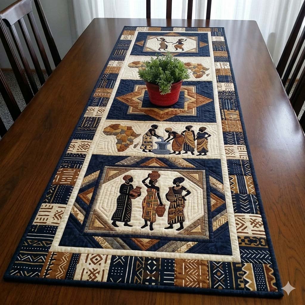 Women Silhouettes on Blue Border Table Runner