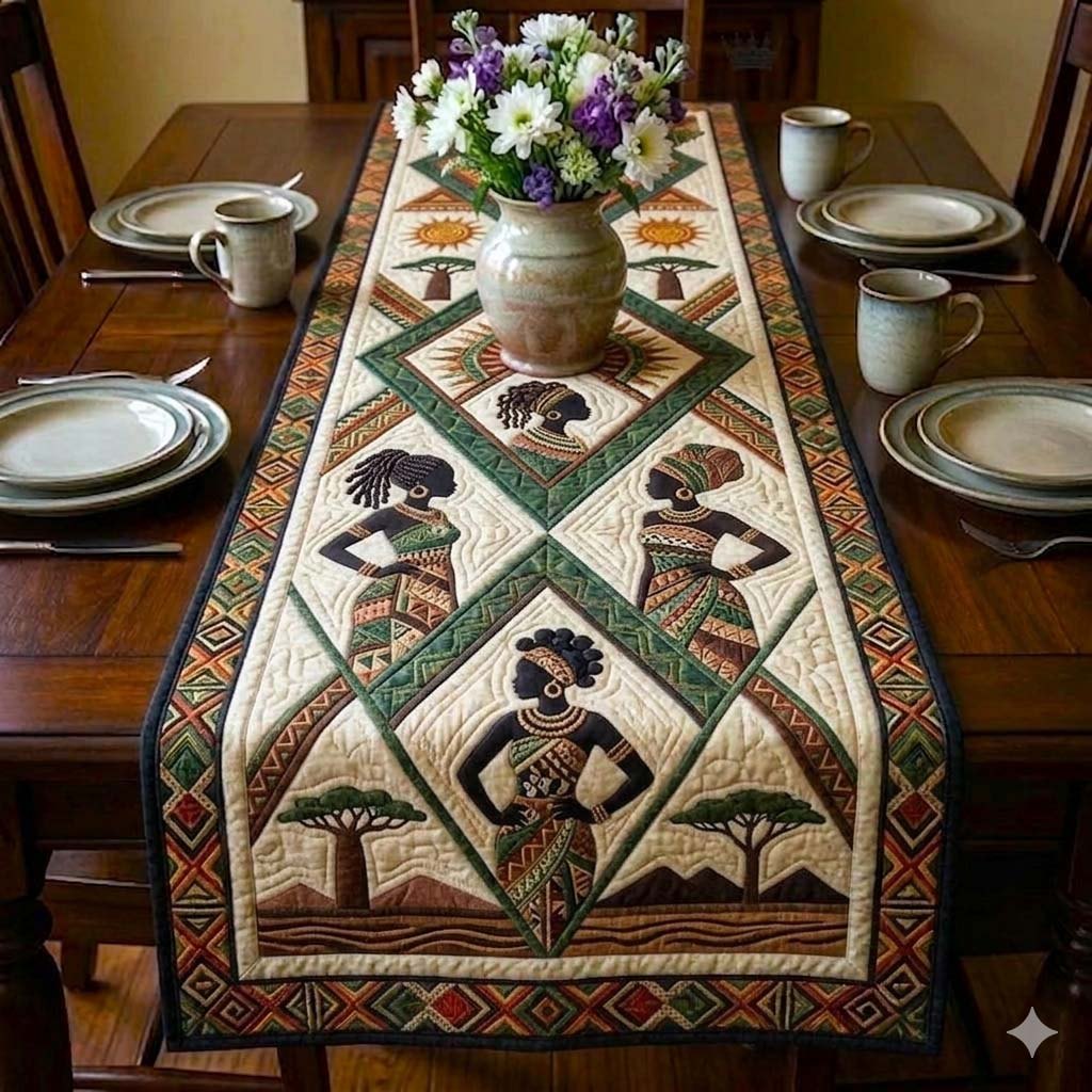 Woman Between Two Baobab Trees Table Runner