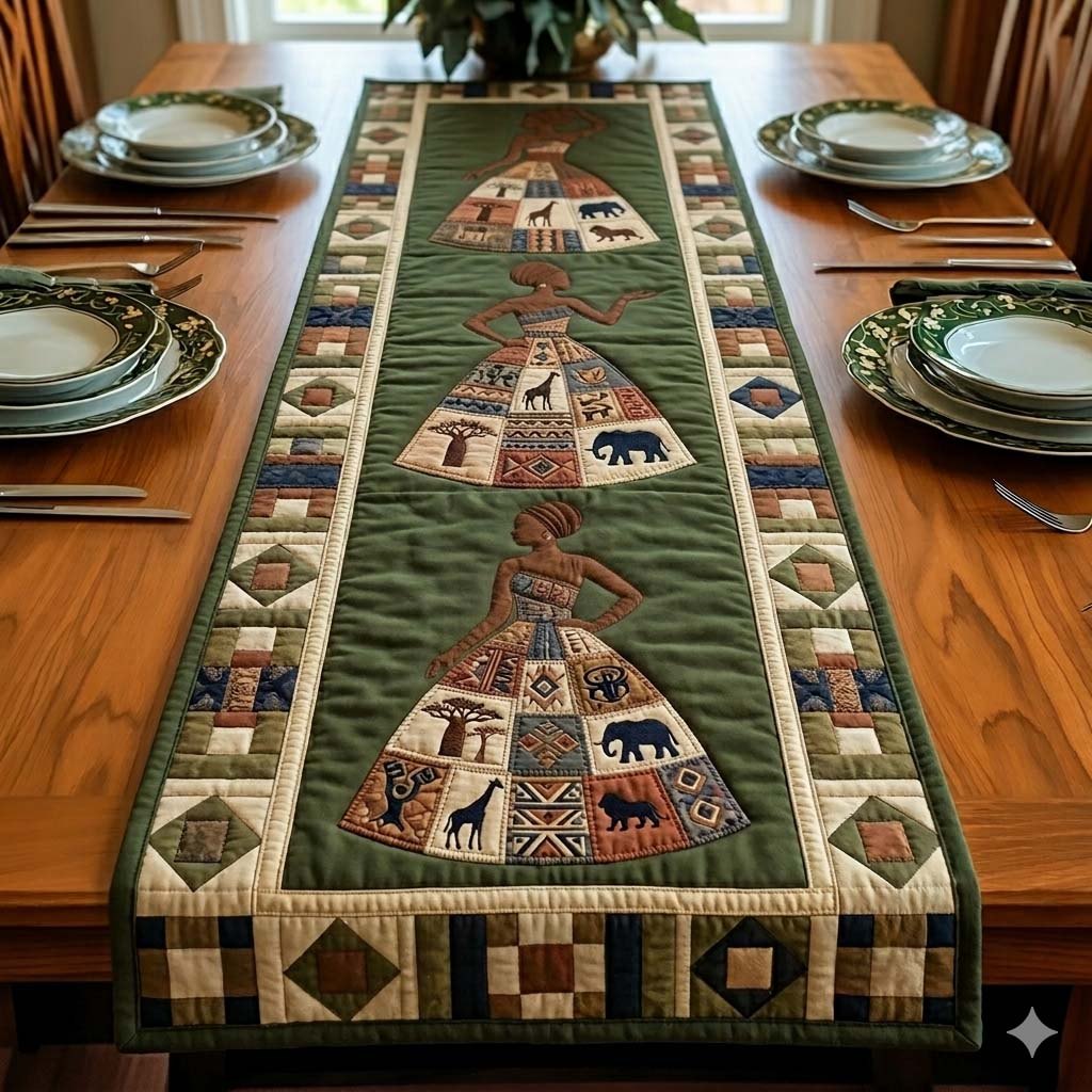 Green Panel with Tribal Symbols Table Runner