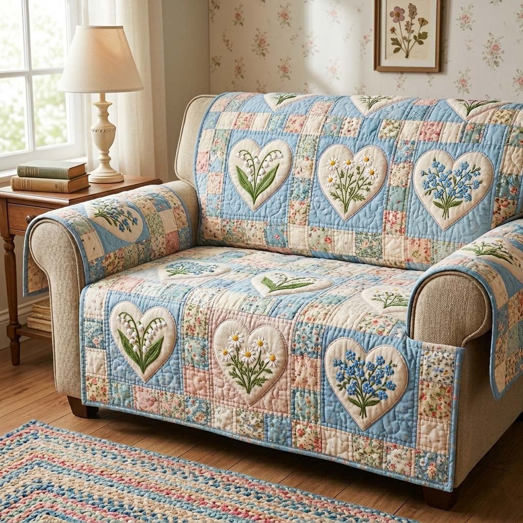 Flower Hearts on Soft Blue Sofa Cover