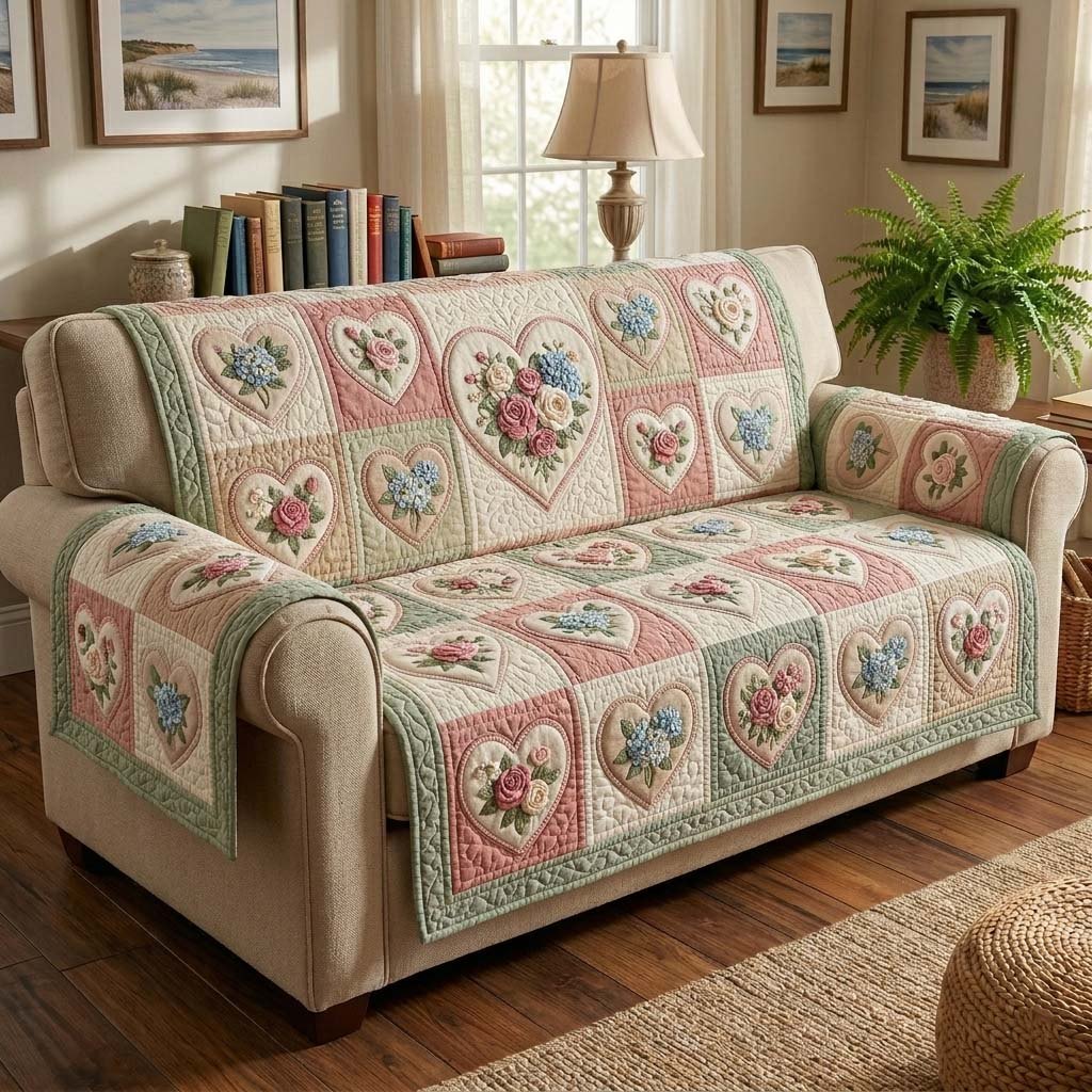 Pastel Floral Blocks with Hearts Sofa Cover