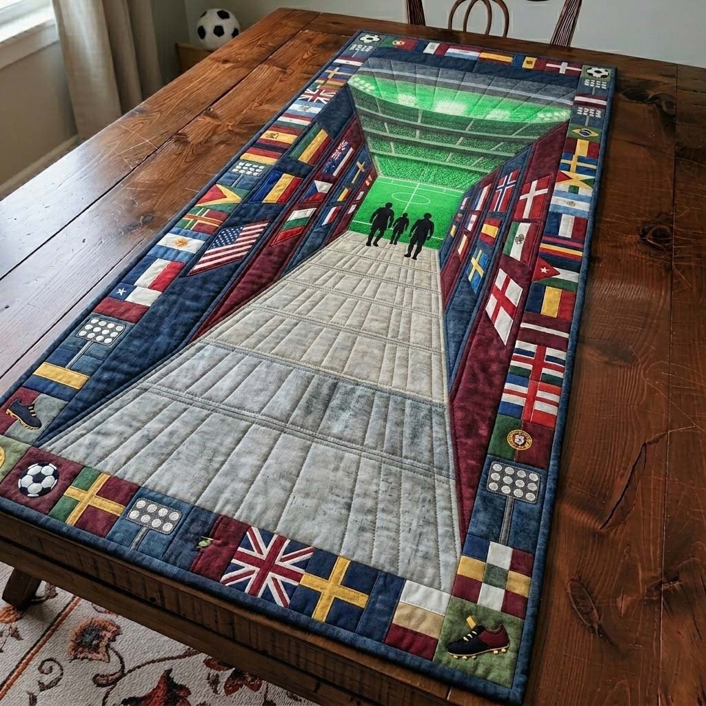 Soccer Pitch Framed by National Flags Table Runner