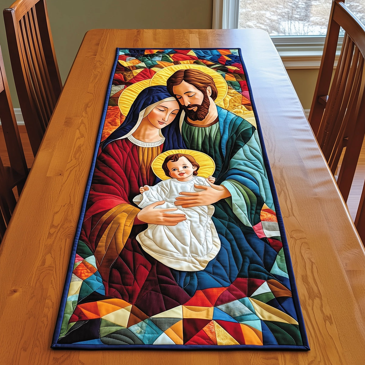 Holy Family on Stained Glass Patchwork Table Runner