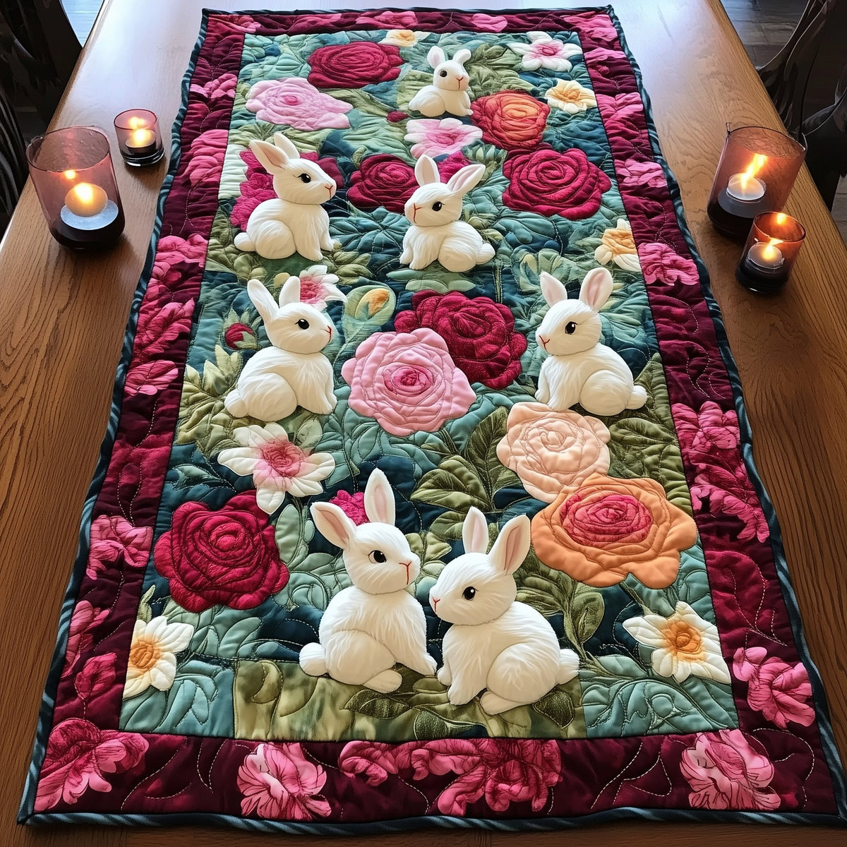 White Rabbits with Roses and Peonies Table Runner