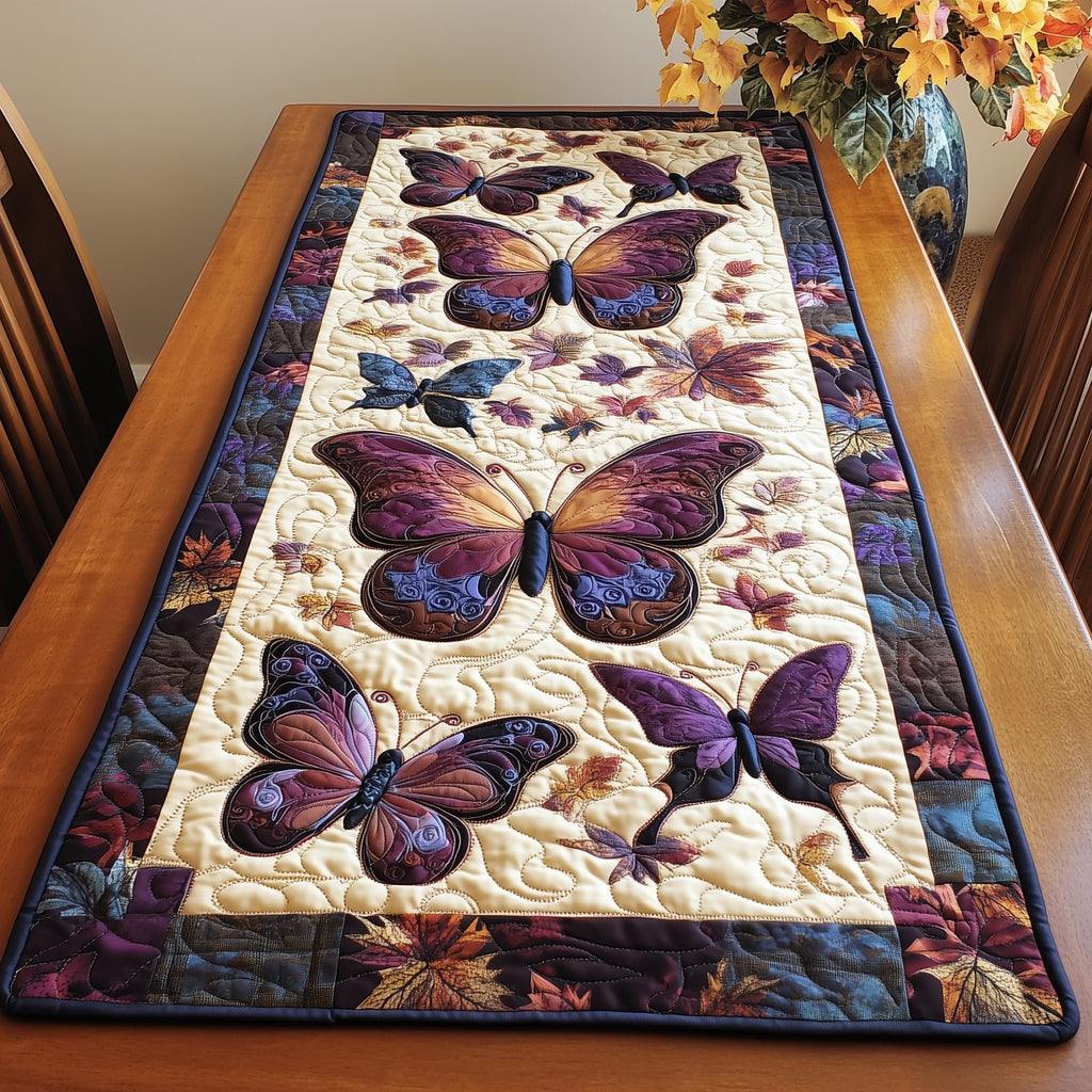 Purple Butterflies on Cream Panel Table Runner