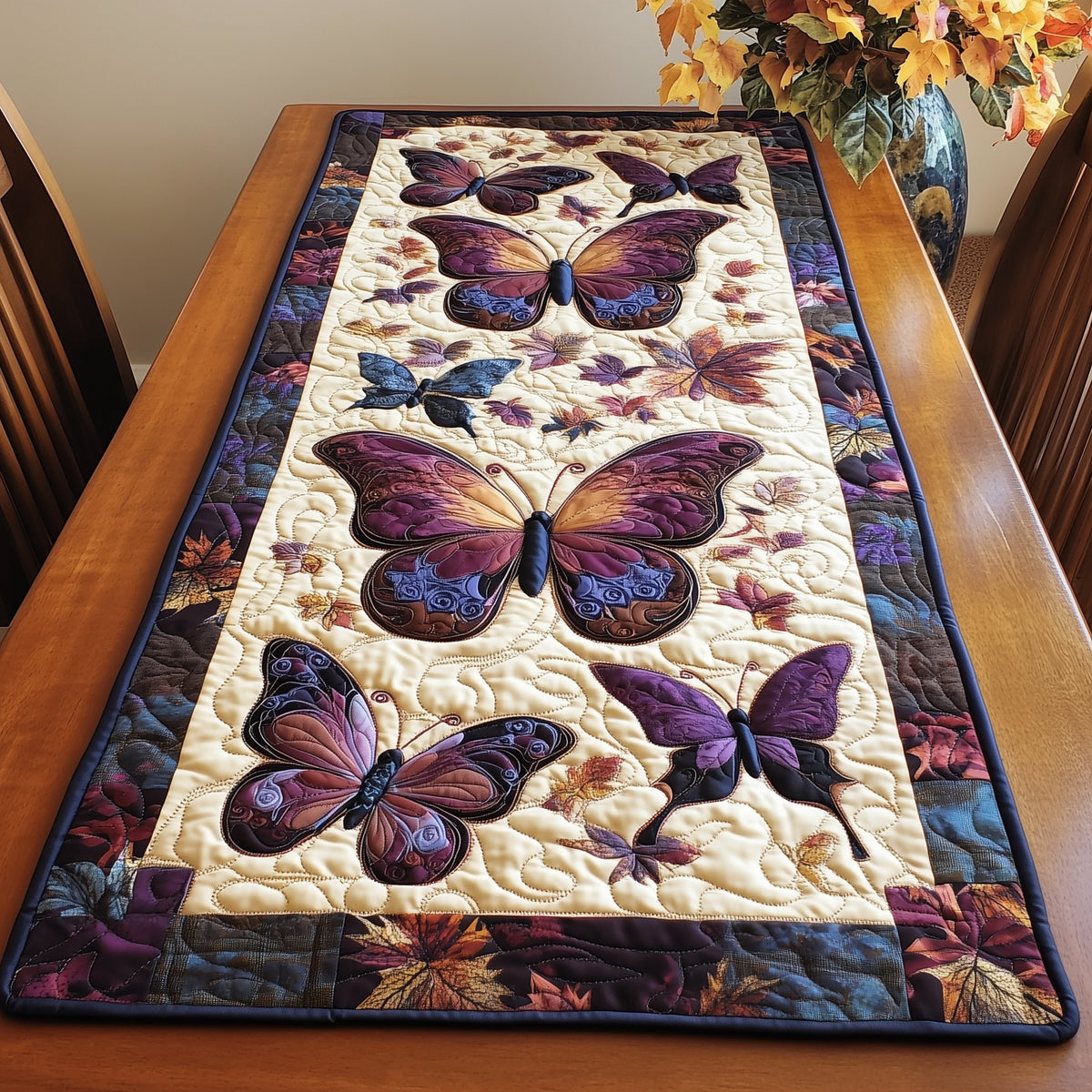 Purple Butterflies on Cream Panel Table Runner