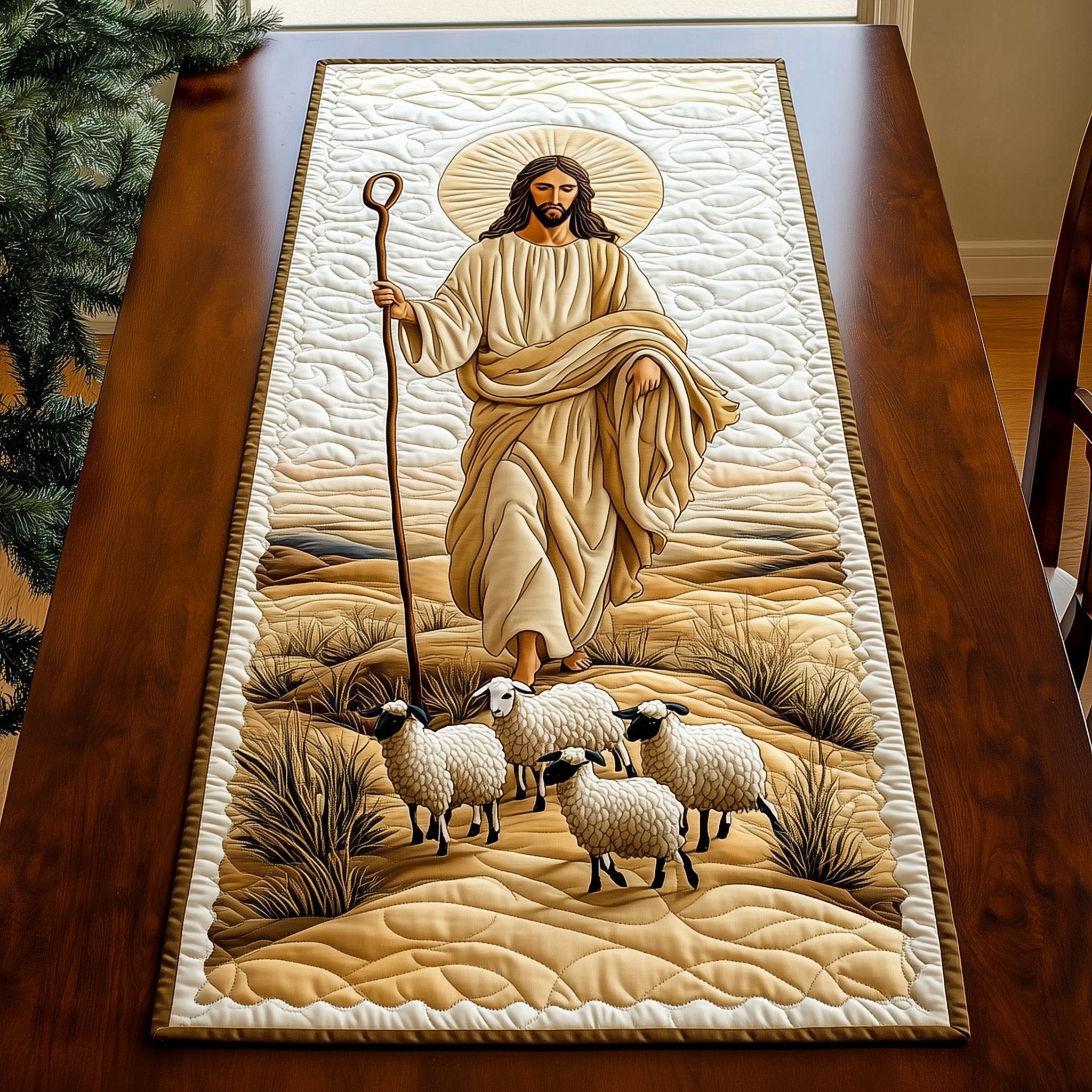Shepherd Leading Sheep on Cream Table Runner