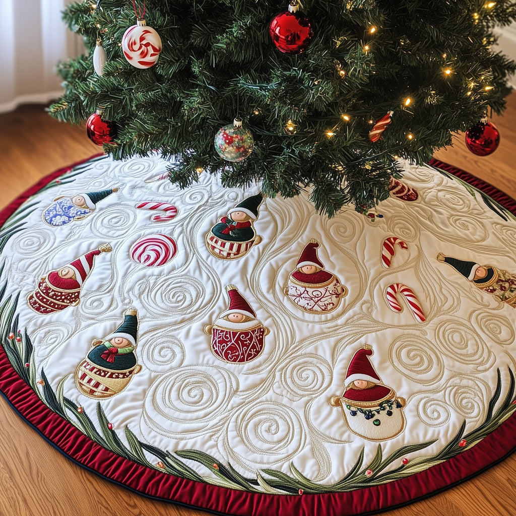 Cocoa Mugs and Cookies on White Christmas Tree Skirt