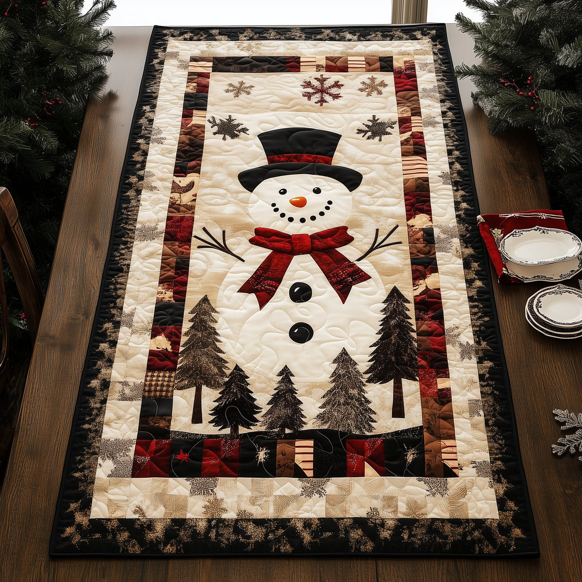 Snowman with Red Checked Scarf Table Runner