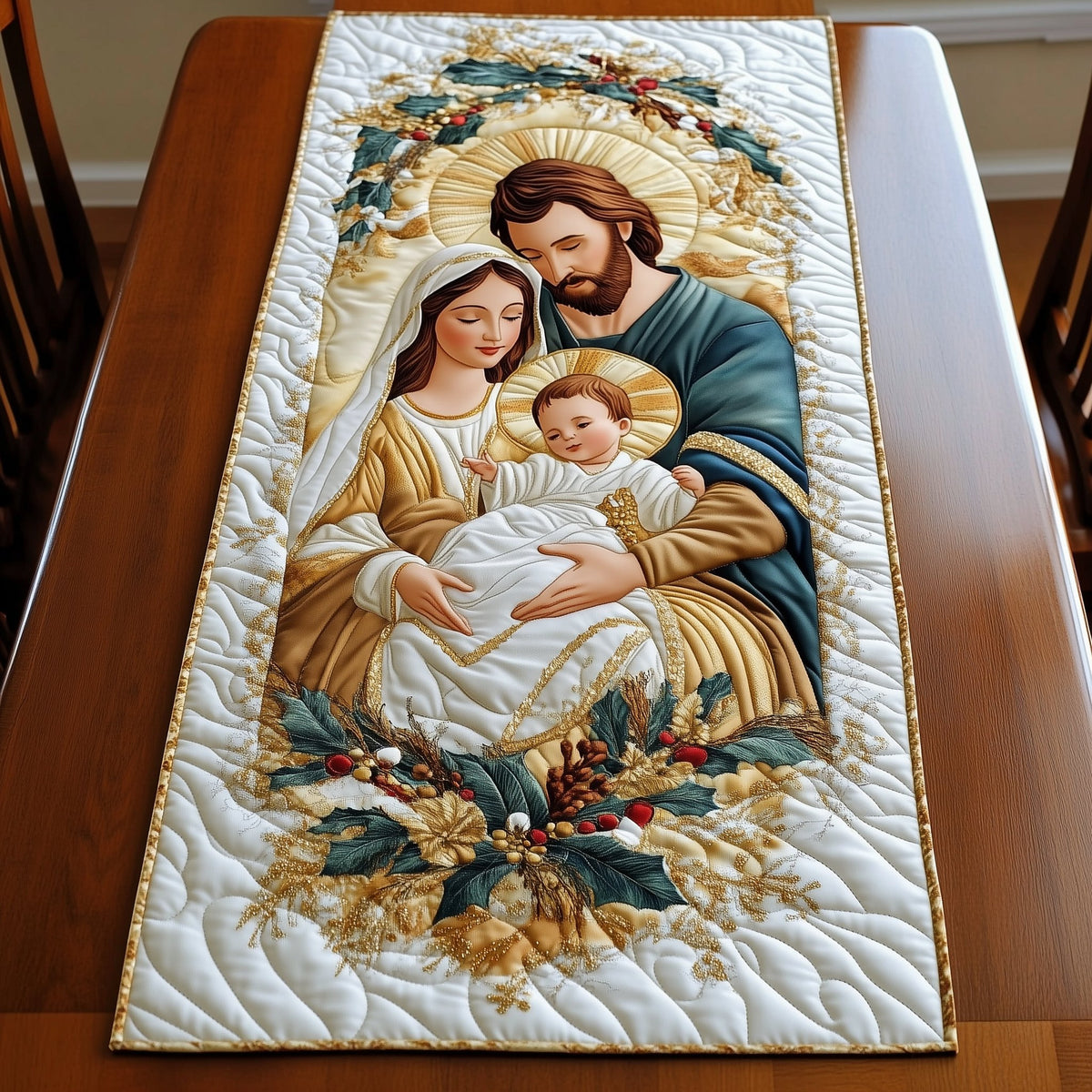 Holy Family with Holly Wreath Table Runner