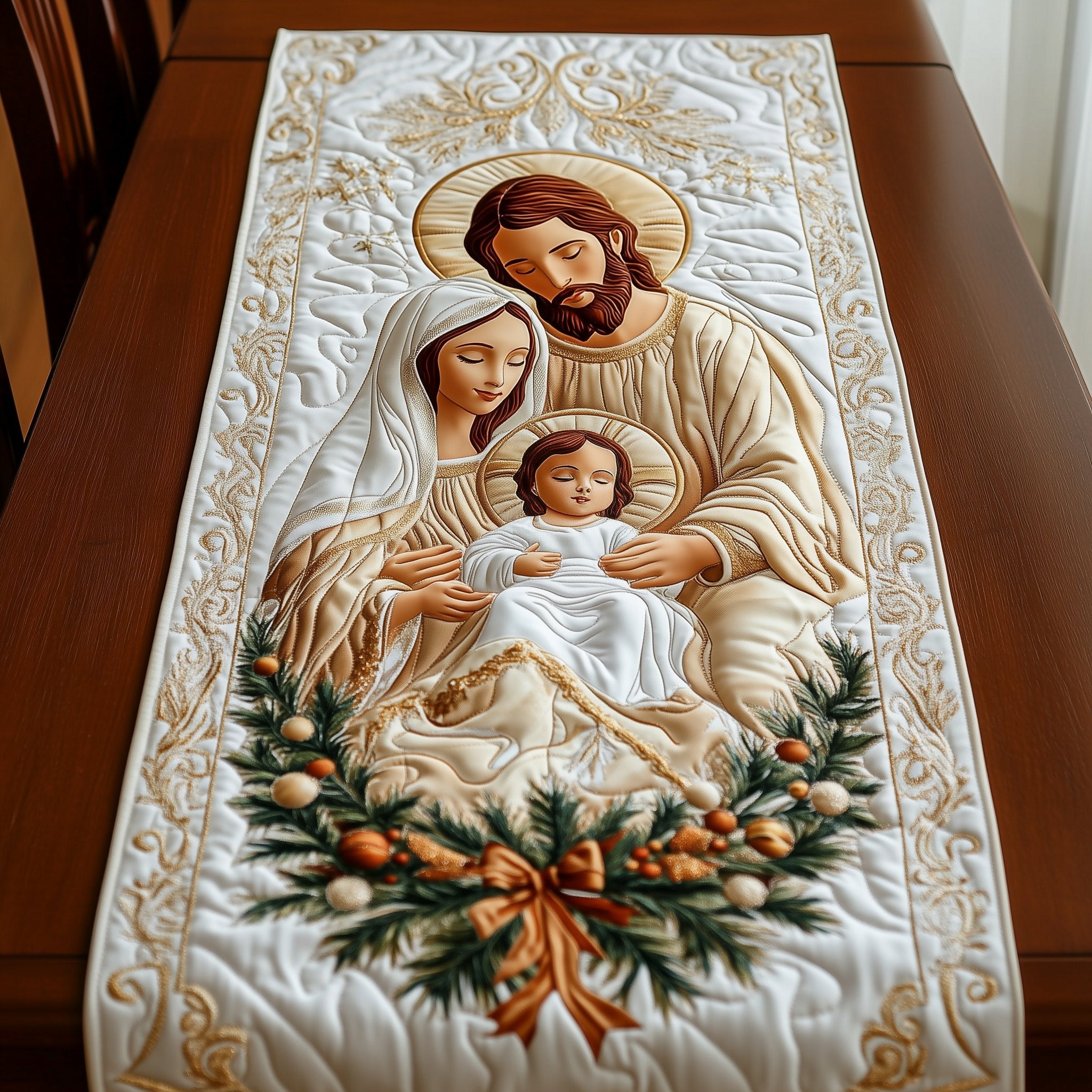 Holy Family with Pine and Ornaments Table Runner