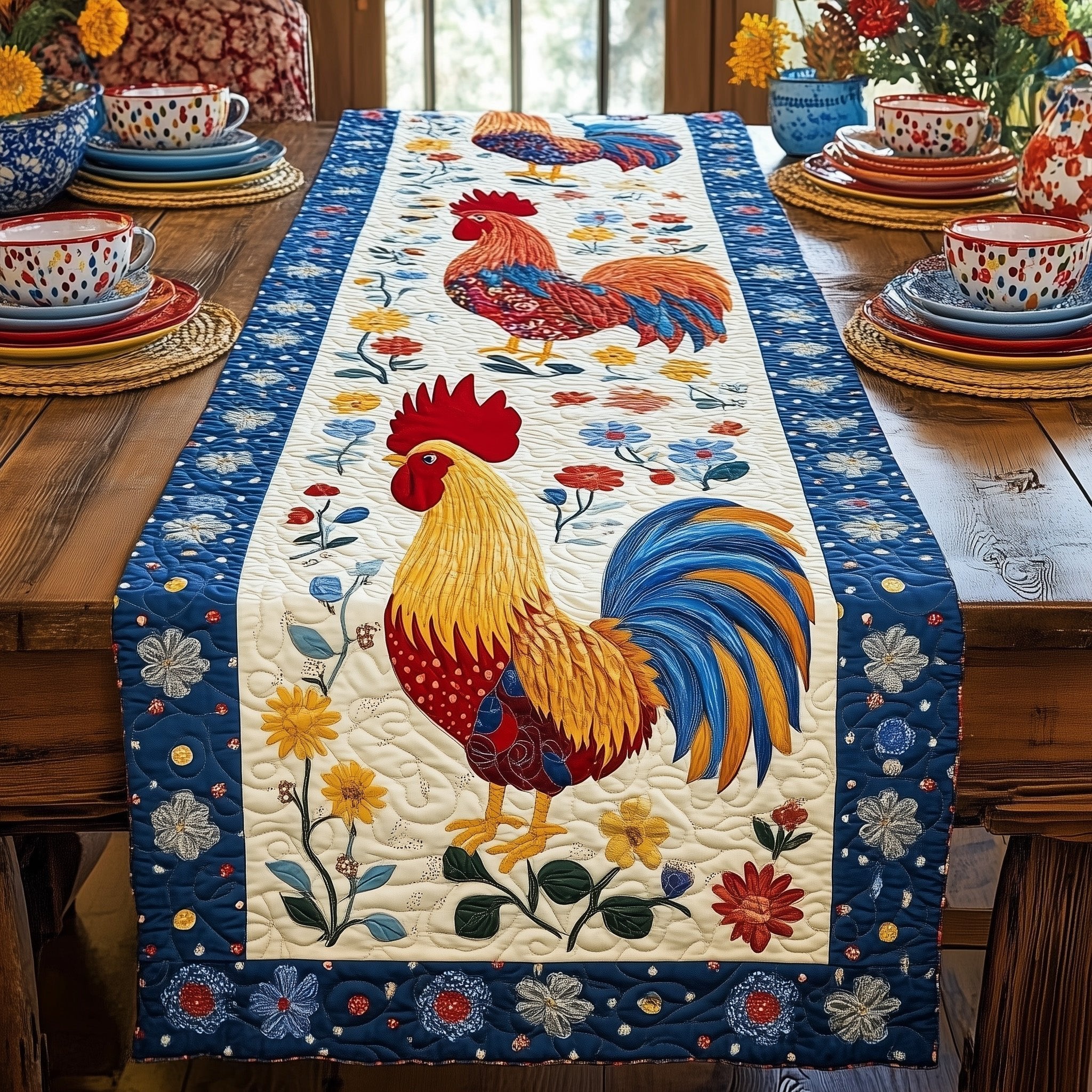 Rooster with Blue Floral Border Table Runner
