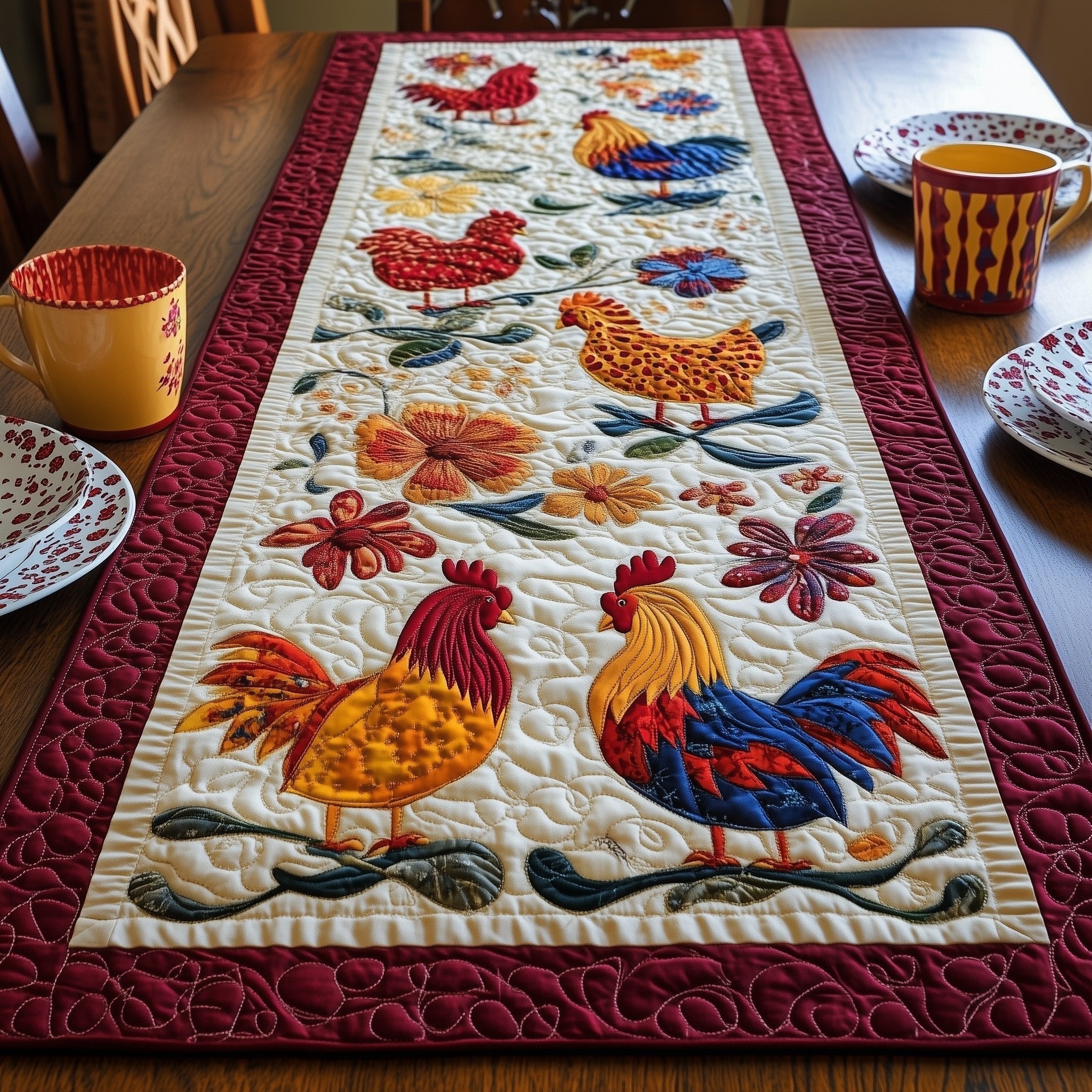 Colorful Rooster Patch Table Runner