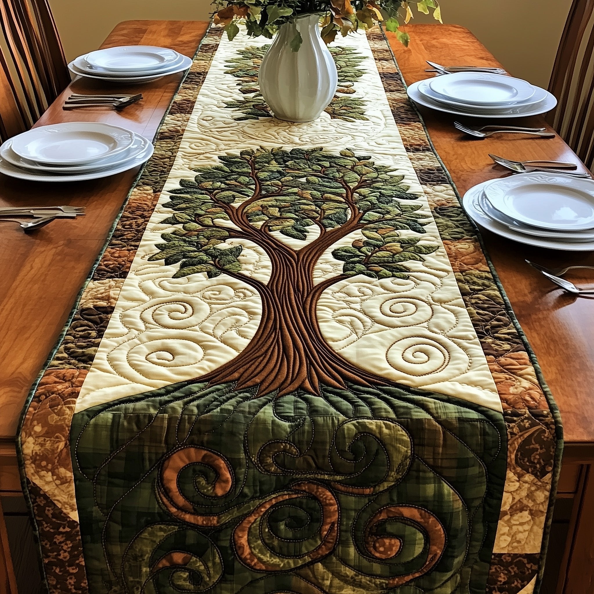 Curling Root Tree on Green Table Runner
