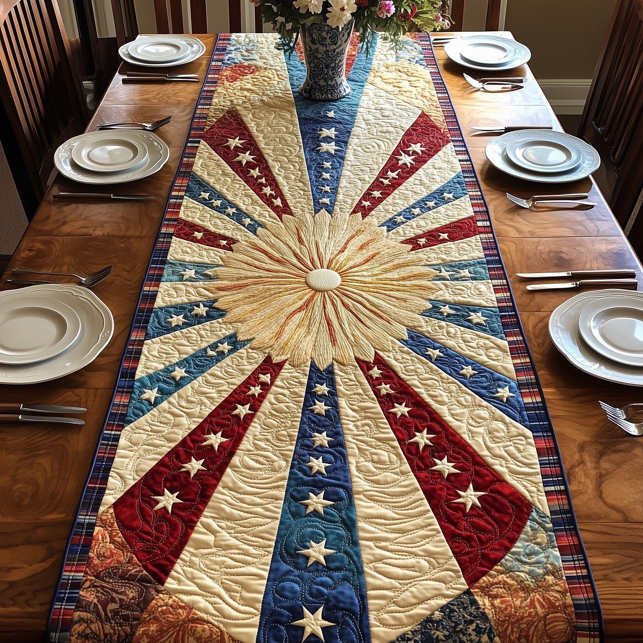 Starburst Rays in Red and Blue Table Runner