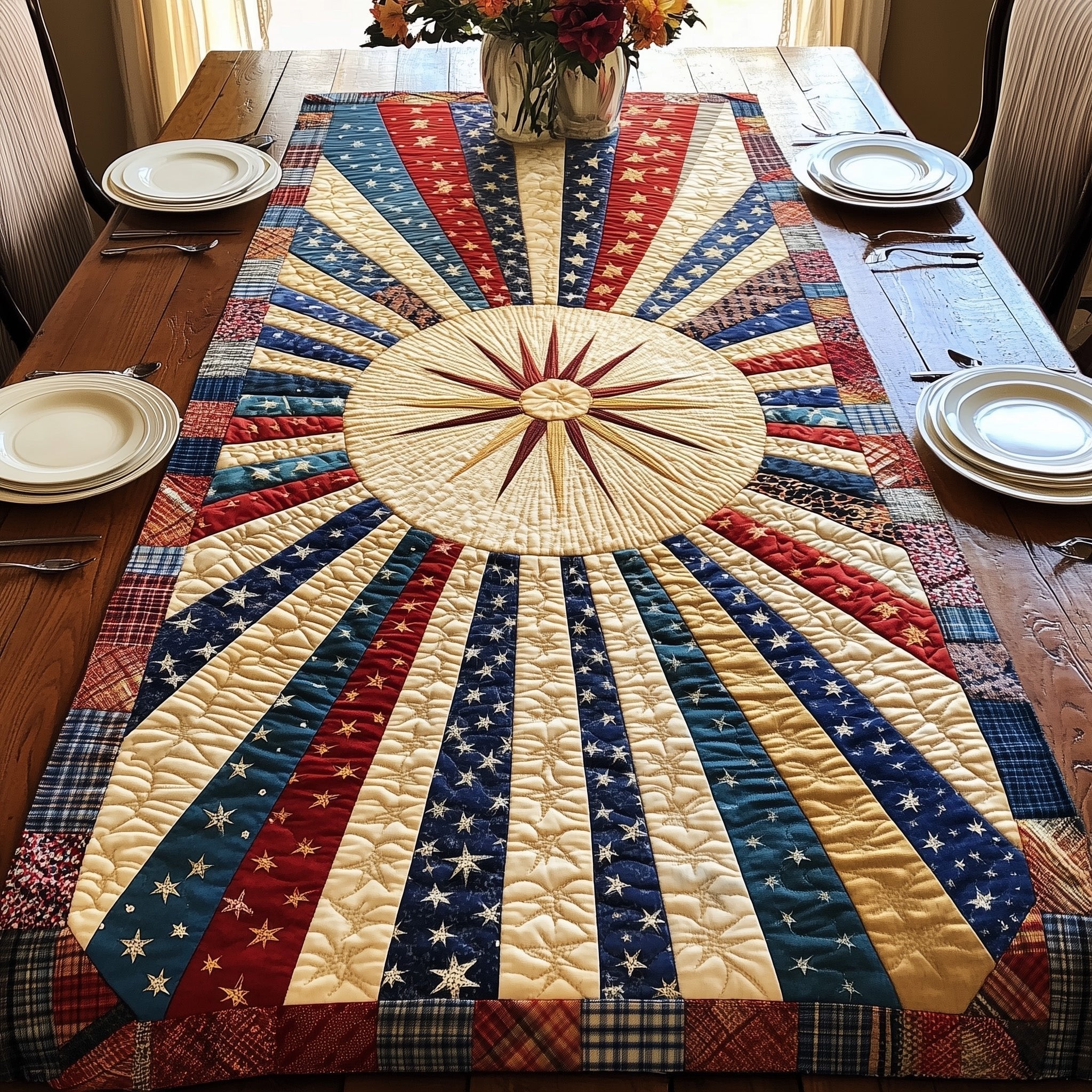 Sunburst Fan with Patriotic Stripes Table Runner